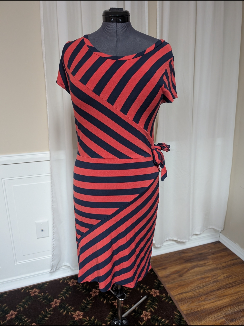 Daniel Cremieux Coral and Navy Striped Midi Wrap Dress